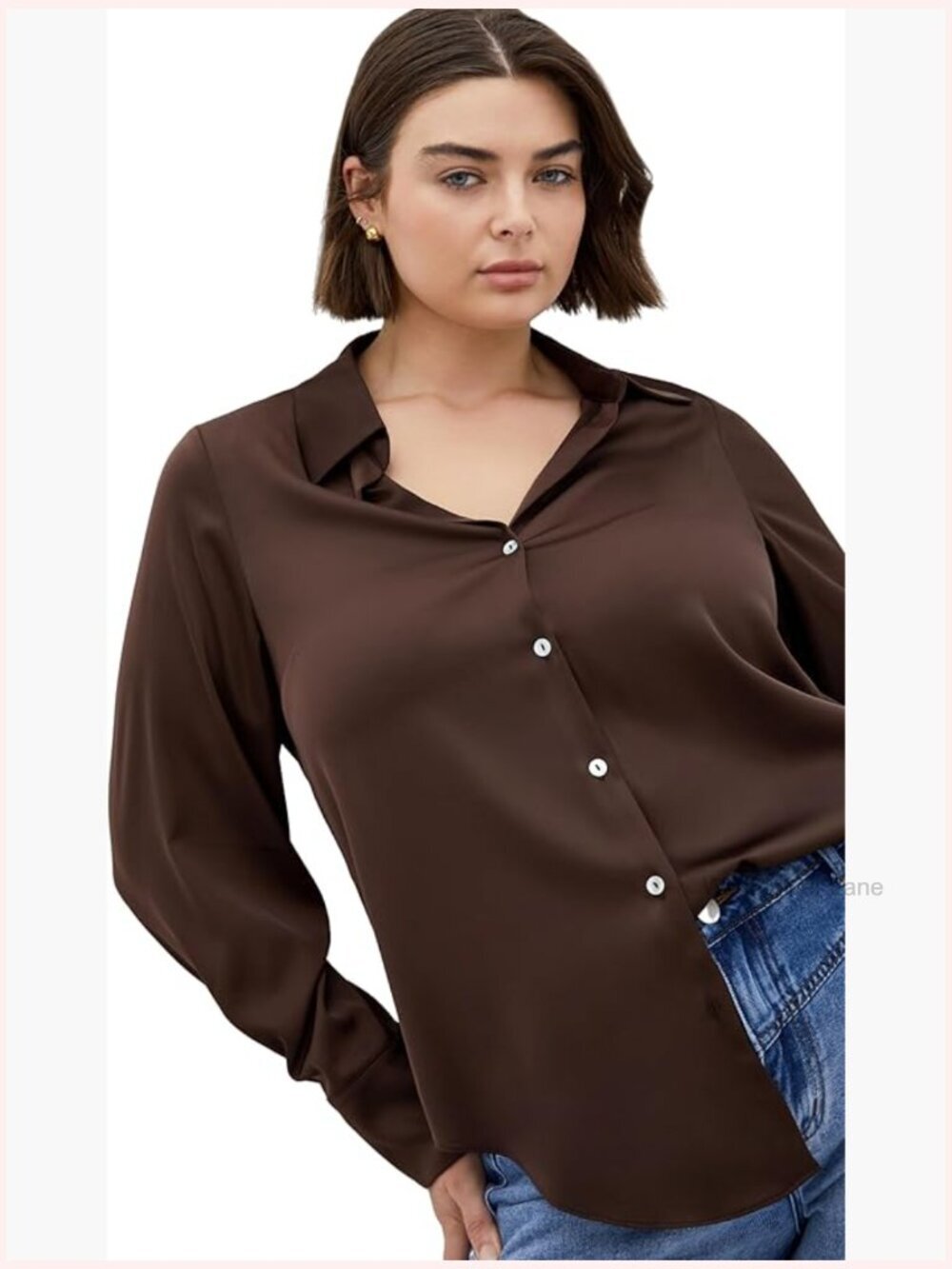 Women's Plus Size Sateen Button Down Shirt - Collared Long Sleeve Cuff